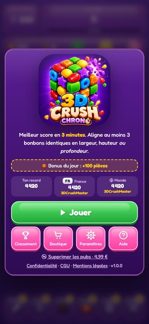 Écran d'accueil de 3D Crush Chrono avec le logo, les records et le bouton Jouer