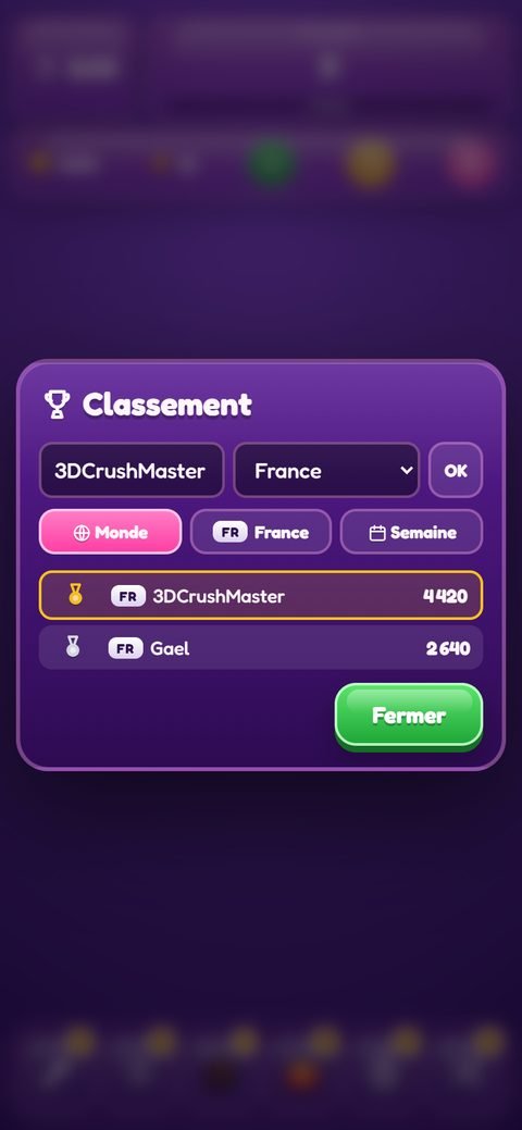 Classement mondial du jeu, avec le pseudo et le pays de chaque joueur