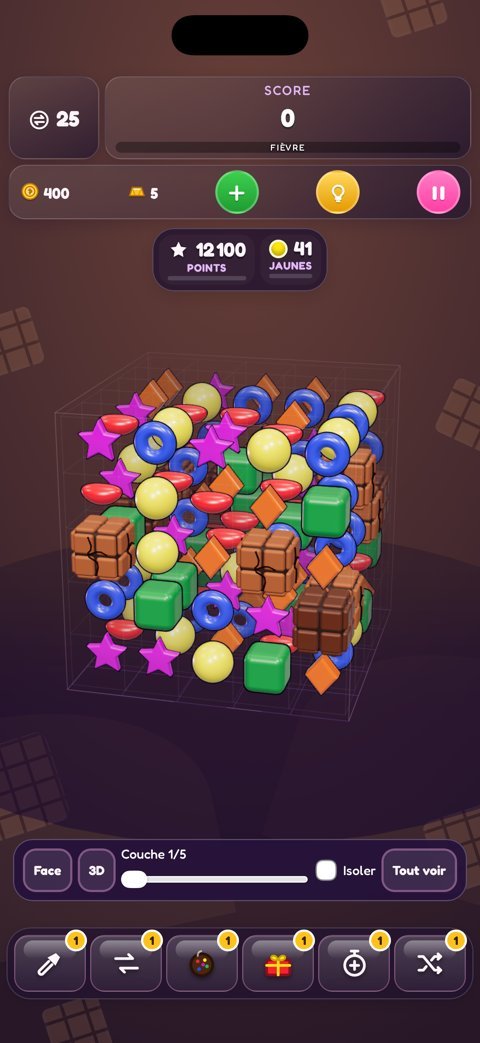 3D Crush Chrono — Chocolat et obstacles