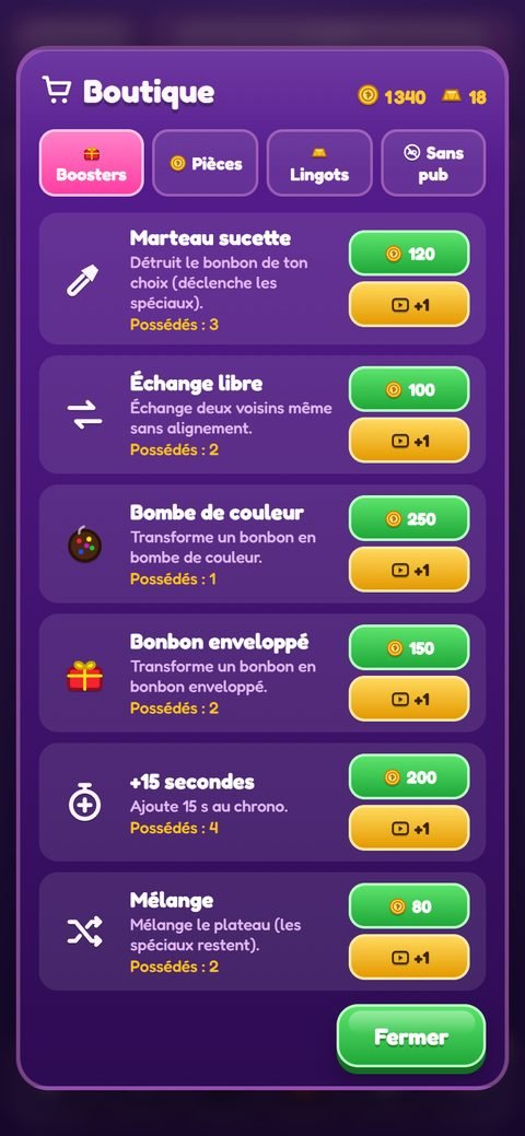 Boutique du jeu, onglet Boosters, avec les six boosters et leur prix en pièces