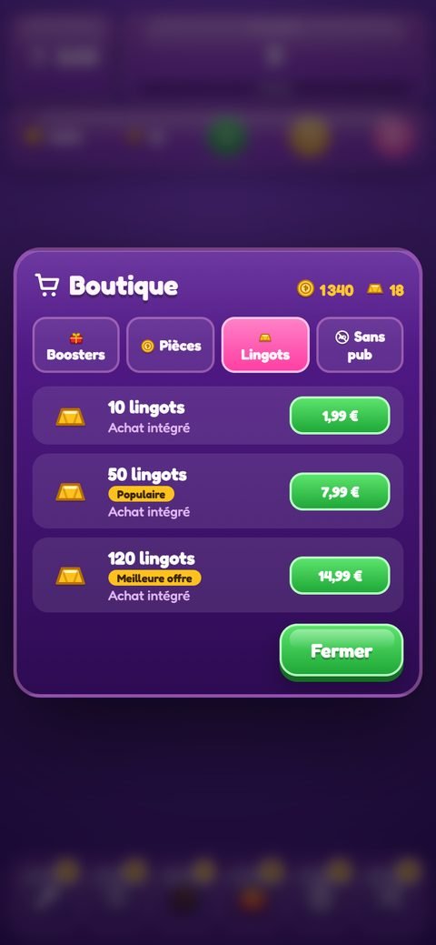 Boutique du jeu, onglet Lingots, avec les trois packs et leurs prix