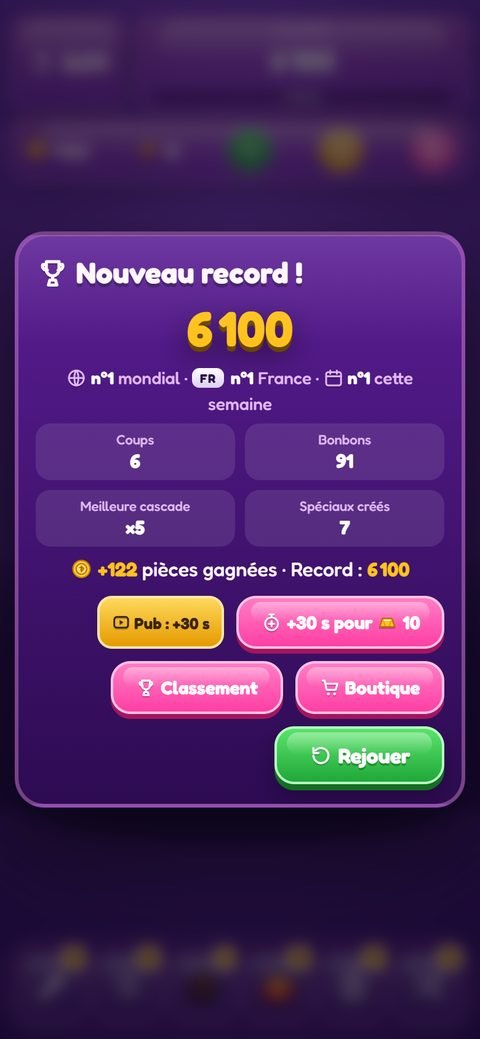 Écran de fin de partie avec le score final, les rangs et les statistiques